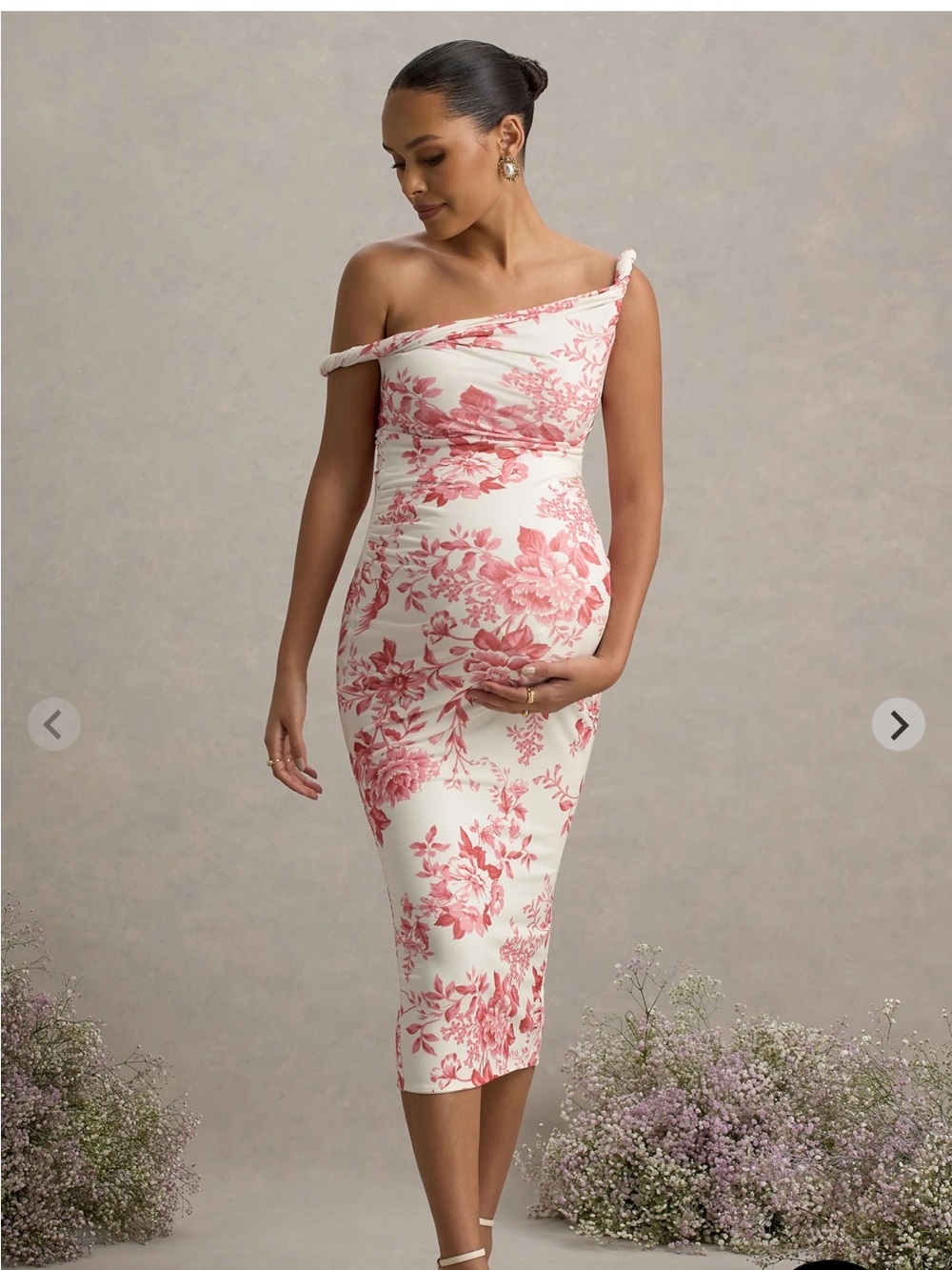 Club L London White and Pink Floral Asymmetrical Maternity Dress